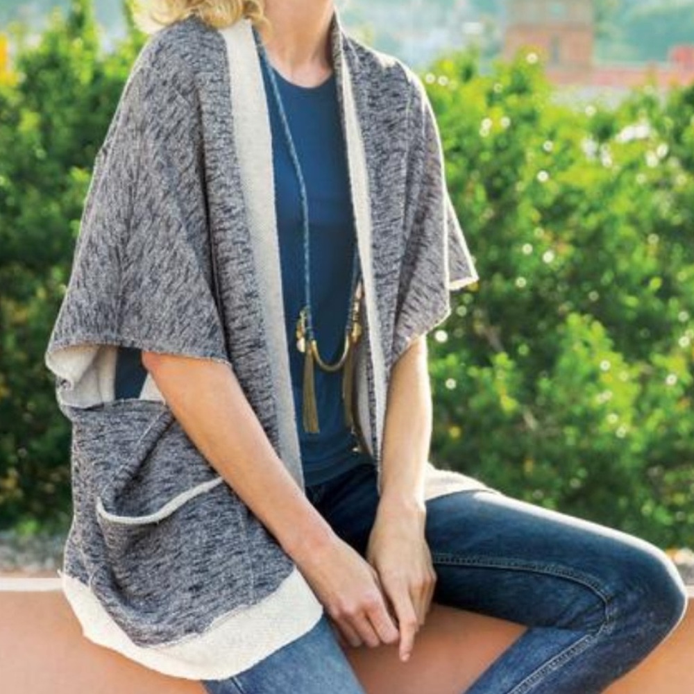 Soft Surroundings L/XL Gray Navy Blue  Open Front Cardigan sweater